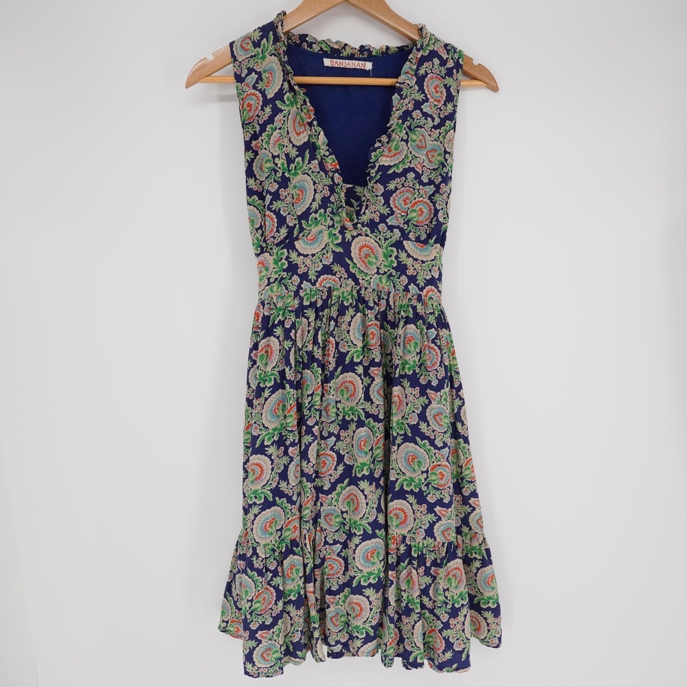 Banjaran Floral Silk Dress Womens XS Blue Knee Length Ruffle Full Skirt Tie Back - Picture 11 of 14
